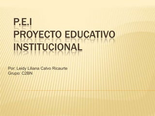 P.E.I
  PROYECTO EDUCATIVO
  INSTITUCIONAL
Por: Leidy Liliana Calvo Ricaurte
Grupo: C2BN
 