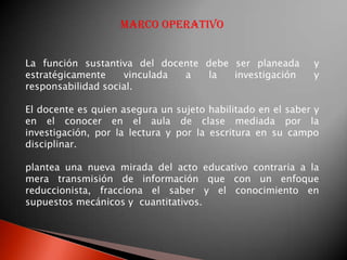 Marco operativo


La función sustantiva del docente debe ser planeada         y
estratégicamente    vinculada a   la   investigación        y
responsabilidad social.

El docente es quien asegura un sujeto habilitado en el saber y
en el conocer en el aula de clase mediada por la
investigación, por la lectura y por la escritura en su campo
disciplinar.

plantea una nueva mirada del acto educativo contraria a la
mera transmisión de información que con un enfoque
reduccionista, fracciona el saber y el conocimiento en
supuestos mecánicos y cuantitativos.
 