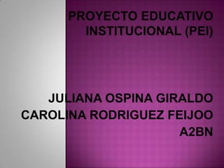 PROYECTO EDUCATIVO
        INSTITUCIONAL (PEI)




   JULIANA OSPINA GIRALDO
CAROLINA RODRIGUEZ FEIJOO
                     A2BN
 