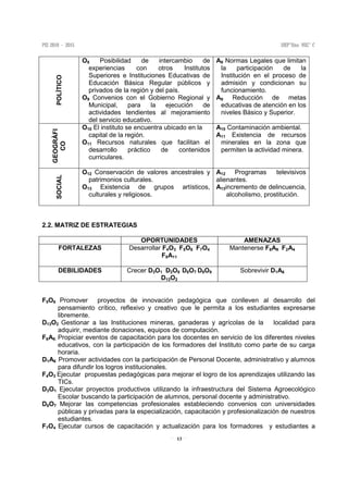 13
POLÌTICO O8 Posibilidad de intercambio de
experiencias con otros Institutos
Superiores e Instituciones Educativas de
Educación Básica Regular públicos y
privados de la región y del país.
O9 Convenios con el Gobierno Regional y
Municipal, para la ejecución de
actividades tendientes al mejoramiento
del servicio educativo.
A8 Normas Legales que limitan
la participación de la
Institución en el proceso de
admisión y condicionan su
funcionamiento.
A9 Reducción de metas
educativas de atención en los
niveles Básico y Superior.
GEOGRÀFI
CO
O10 El instituto se encuentra ubicado en la
capital de la región.
O11 Recursos naturales que facilitan el
desarrollo práctico de contenidos
curriculares.
A10 Contaminación ambiental.
A11 Existencia de recursos
minerales en la zona que
permiten la actividad minera.
SOCIAL
O12 Conservación de valores ancestrales y
patrimonios culturales.
O13 Existencia de grupos artísticos,
culturales y religiosos.
A12 Programas televisivos
alienantes.
A13incremento de delincuencia,
alcoholismo, prostitución.
2.2. MATRIZ DE ESTRATEGIAS
OPORTUNIDADES AMENAZAS
FORTALEZAS Desarrollar F4O3 F5O6 F7O4
F8A11
Mantenerse F6A9 F2A4
DEBILIDADES Crecer D3O1 D2O8 D8O7 D9O9
D13O2
Sobrevivir D1A6
F5O6 Promover proyectos de innovación pedagógica que conlleven al desarrollo del
pensamiento crítico, reflexivo y creativo que le permita a los estudiantes expresarse
libremente.
D13O2 Gestionar a las Instituciones mineras, ganaderas y agrícolas de la localidad para
adquirir, mediante donaciones, equipos de computación.
F6A9. Propiciar eventos de capacitación para los docentes en servicio de los diferentes niveles
educativos, con la participación de los formadores del Instituto como parte de su carga
horaria.
D1A6 Promover actividades con la participación de Personal Docente, administrativo y alumnos
para difundir los logros institucionales.
F4O3 Ejecutar propuestas pedagógicas para mejorar el logro de los aprendizajes utilizando las
TICs.
D3O1 Ejecutar proyectos productivos utilizando la infraestructura del Sistema Agroecológico
Escolar buscando la participación de alumnos, personal docente y administrativo.
D8O7 Mejorar las competencias profesionales estableciendo convenios con universidades
públicas y privadas para la especialización, capacitación y profesionalización de nuestros
estudiantes.
F7O4 Ejecutar cursos de capacitación y actualización para los formadores y estudiantes a
 