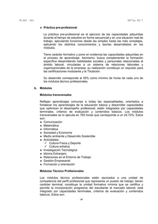 28
♦ Práctica pre-profesional
La práctica pre-profesional es el ejercicio de las capacidades adquiridas
durante el tiempo de estudios en forma secuencial y en una situación real de
trabajo, ejecutando funciones desde las simples hasta las más complejas,
aplicando los distintos conocimientos y teorías desarrollados en los
módulos.
Tiene carácter formativo y pone en evidencia las capacidades adquiridas en
el proceso de aprendizaje. Asimismo, busca complementar la formación
específica desarrollando habilidades sociales y personales relacionadas al
ámbito laboral, vinculadas a un sistema de relaciones laborales y
organizacionales de la empresa, su realización constituye un requisito para
las certificaciones modulares y la Titulación.
Su desarrollo corresponde al 35% como mínimo de horas de cada uno de
los módulos técnico profesionales.
b. Módulos
Módulos transversales
Reflejan aprendizajes comunes a todas las especialidades, orientados a
fortalecer los aprendizajes de la educación básica y desarrollar capacidades
que optimicen el desempeño profesional; están integrados por capacidades
terminales, criterios de evaluación y contenidos básicos. Los módulos
transversales se lo ejecuta en 765 horas que corresponde a un 24.72%. Estos
son:
♦ Comunicación
♦ Matemática
♦ Informática
♦ Sociedad y Economía
♦ Medio ambiente y Desarrollo Sostenible
♦ Actividades:
Cultura Física y Deporte
Cultura artística
♦ Investigación Tecnológica
♦ Idioma Extranjero
♦ Relaciones en el Entorno de Trabajo
♦ Gestión Empresarial
♦ Formación y orientación
Módulos Técnico Profesionales
Los módulos técnico profesionales están asociados a una unidad de
competencia del perfil profesional que representa un puesto de trabajo; tienen
carácter terminal, constituye la unidad formativa mínima que se certifica y
permite la incorporación progresiva del estudiante al mercado laboral; está
integrado por capacidades terminales, criterios de evaluación y contenidos
básicos. Estos son:
 