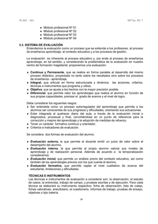 29
♦ Módulo profesional Nº 01
♦ Módulo profesional Nº 02
♦ Módulo profesional Nº 03
♦ Módulo profesional Nº 04
3.3. SISTEMA DE EVALUACIÒN
Entendemos la evaluación como un proceso que se extiende a los profesores, al proceso
de enseñanza aprendizaje, al contexto educativo y a los procesos de gestión.
La evaluación es inherente al proceso educativo y, por ende al proceso de enseñanza
aprendizaje; en tal sentido, y considerando la problemática de la evaluación en nuestro
centro de formación magisterial, proponemos una evaluación:
♦ Continua y Permanente, que se realice en forma paralela al desarrollo del mismo
proceso didáctico, proyectada no tanto sobre los resultados sino sobre los procesos
de enseñanza - aprendizaje.
♦ Integral, que articule en forma estructurada y dinámica las acciones, criterios,
técnicas e instrumentos que programa y utiliza.
♦ Objetiva, que se ajuste a los hechos con la mayor precisión posible.
♦ Diferencial, que permita valor los aprendizajes que realiza el alumno en función de
sus propias capacidades, precisar el grado de avance y el nivel de logro.
Debe considerar los siguientes rasgos:
♦ Ser entendida como un proceso autorregulador del aprendizaje que permita a los
alumnos ser conscientes de sus progresos y dificultades, orientando sus actuaciones.
♦ Estar integrada al quehacer diario del aula, a través de la evaluación inicial o
diagnostica, procesual y final, convirtiéndose en un punto de referencia para la
corrección y mejora del aprendizaje y la adopción de medidas de refuerzo.
♦ Tener un carácter formativo continuo y orientador.
♦ Criterios e indicadores de evaluación.
Se considera dos formas de evaluación del alumno:
♦ Evaluación externa, la que permite al docente emitir un juicio de valor sobre el
desempeño del alumno.
♦ Evaluación interna, la que permite al propio alumno valorar sus niveles de
aprendizaje y de realización personal. Además de acuerdo a la temporalización
consideramos:
♦ Evaluación inicial, que permite un análisis previo del contexto educativo, así como
también de los aprendizajes previos con los que cuenta el alumno.
♦ Evaluación formativa, que permite captar el nivel cualitativo de avance del
estudiante, limitaciones y dificultades.
TÉCNICAS E INSTRUMENTOS
Las técnicas e instrumentos de evaluación a considerar son: la observación, el estudio
de casos, la entrevista, trabajo de campo, y pruebas escritas y de ejecución. Para cada
técnica se elaborará su instrumento respectivo: ficha de observación, lista de cotejo,
fichas valorativas, anecdotario, el cuestionario, informes de trabajo, pruebas de ensayo,
objetivas o tipo batería.
 