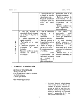 6
- Limitado esfuerzo por
un trabajo de extensión
educativa comunal.
- Imagen de la institución,
no proyecta aporte a la
cultura en nuestro
medio.
estudiantes frente a su
formación profesional.
- Deficiente sistema de
involucramiento de los
estudiantes en actividades
programadas por la
institución.
- Consejo estudiantil con
débil organización e
iniciativa de trabajo.
A
M
E
N
A
Z
A
S
- Falta de recursos de
capacitación docente por parte
de la Dirección Regional de
Educación.
- Deterioro permanente del
salario magisterial.
- Pluriempleo en el sector
docente.
- Disminución progresiva de
postulantes a nuestra
institución.
- Población escolar con escasa
vocación de servicio y
voluntariado.
- Falta de presupuesto
destinado a la
realización de
actividades de
promoción comunal.
- Extrema pobreza e
inestabilidad emocional
de las familias.
- Venta de drogas y
alcohol a los jóvenes.
- Presencia delicuencial y
el pandillaje.
- Escaso
aprovechamiento del
SAE para la generación
de procesos de
aprendizaje y de
producción económica.
- Los medios de
comunicación social
difunden falsos modelos y
valores que desidentifican
a los jóvenes.
- La oferta educativa
privada distorsiona el
propósito de la educación,
aumentando las
expectativas de los padres
respecto a las instituciones
públicas.
- Emisora radial de la
institución deteriorada por
desuso.
9. ESTRATEGIAS DE IMPLEMENTACIÓN
CONTENIDOS TRANSVERSALES
- Ética y Cultura de Paz
-Conciencia Ambiental y Derechos Humanos
-Identidad Institucional
-Cultura Organizacional
OBJETIVOS INTEGRADORES
♦ Contribuir al desarrollo institucional para
brindar servicios educativos eficientes que
fomenten el desarrollo organizacional,
personal y social de sus integrantes,
abordando estrategias de integración de
procesos de aprendizaje en la dinámica
funcional y programática de la vida
Institucional en el IES “Hno. VEG”.
 