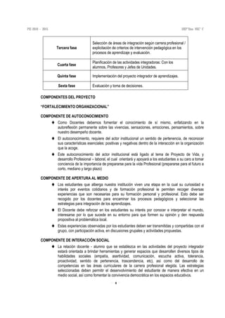 8
Tercera fase
Selección de áreas de integración según carrera profesional /
explicitación de criterios de intervención pedagógica en los
procesos de aprendizaje y evaluación.
Cuarta fase
Planificación de las actividades integradoras: Con los
alumnos, Profesores y Jefes de Unidades.
Quinta fase Implementación del proyecto integrador de aprendizajes.
Sexta fase Evaluación y toma de decisiones.
COMPONENTES DEL PROYECTO
“FORTALECIMIENTO ORGANIZACIONAL”
COMPONENTE DE AUTOCONOCIMIENTO
♦ Como Docentes debemos fomentar el conocimiento de sí mismo, enfatizando en la
autoreflexión permanente sobre las vivencias, sensaciones, emociones, pensamientos, sobre
nuestro desempeño docente.
♦ El autoconocimiento, requiere del actor institucional un sentido de pertenencia, de reconocer
sus características esenciales: positivas y negativas dentro de la interacción en la organización
que la acoge.
♦ Este autoconocimiento del actor institucional está ligado al tema de Proyecto de Vida, y
desarrollo Profesional – laboral, el cual orientará y apoyará a los estudiantes a su caro a tomar
conciencia de la importancia de prepararse para la vida Profesional (prepararse para el futuro a
corto, mediano y largo plazo)
COMPONENTE DE APERTURA AL MEDIO
♦ Los estudiantes que alberga nuestra institución viven una etapa en la cual su curiosidad e
interés por eventos cotidianos y de formación profesional le permiten recoger diversas
experiencias que son necesarias para su formación personal y profesional. Esto debe ser
recogido por los docentes para encaminar los procesos pedagógicos y seleccionar las
estrategias para integración de los aprendizajes.
♦ El Docente debe reforzar en los estudiantes su interés por conocer e interpretar el mundo,
interesarse por lo que sucede en su entorno para que formen su opinión y den respuesta
propositiva al problemática local.
♦ Estas experiencias observadas por los estudiantes deben ser transmitidas y compartidas con el
grupo, con participación activa, en discusiones grupales y actividades propuestas.
COMPONENTE DE INTERACCIÓN SOCIAL
♦ La relación docente - alumno que se establezca en las actividades del proyecto integrador
estará orientada a brindar herramientas y generar espacios que desarrollen diversos tipos de
habilidades sociales (empatía, asertividad, comunicación, escucha activa, tolerancia,
proactividad, sentido de pertenencia, trascendencia, etc), así como del desarrollo de
competencias en las áreas curriculares de la carrera profesional elegida. Las estrategias
seleccionadas deben permitir el desenvolvimiento del estudiante de manera efectiva en un
medio social, así como fomentar la convivencia democrática en los espacios educativos.
 