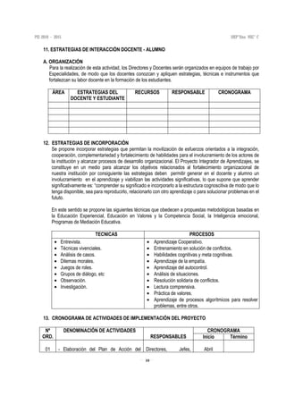 10
11. ESTRATEGIAS DE INTERACCIÓN DOCENTE - ALUMNO
A. ORGANIZACIÓN
Para la realización de esta actividad, los Directores y Docentes serán organizados en equipos de trabajo por
Especialidades, de modo que los docentes conozcan y apliquen estrategias, técnicas e instrumentos que
fortalezcan su labor docente en la formación de los estudiantes.
ÀREA ESTRATEGIAS DEL
DOCENTE Y ESTUDIANTE
RECURSOS RESPONSABLE CRONOGRAMA
12. ESTRATEGIAS DE INCORPORACIÓN
Se propone incorporar estrategias que permitan la movilización de esfuerzos orientados a la integración,
cooperación, complementariedad y fortalecimiento de habilidades para el involucramiento de los actores de
la institución y alcanzar procesos de desarrollo organizacional. El Proyecto Integrador de Aprendizajes, se
constituye en un medio para alcanzar los objetivos relacionados al fortalecimiento organizacional de
nuestra institución por consiguiente las estrategias deben permitir generar en el docente y alumno un
involucramiento en el aprendizaje y viabilizan las actividades significativas, lo que supone que aprender
significativamente es: “comprender su significado e incorporarlo a la estructura cognoscitiva de modo que lo
tenga disponible, sea para reproducirlo, relacionarlo con otro aprendizaje o para solucionar problemas en el
fututo.
En este sentido se propone las siguientes técnicas que obedecen a propuestas metodológicas basadas en
la Educación Experiencial, Educación en Valores y la Competencia Social, la Inteligencia emocional,
Programas de Mediación Educativa.
TECNICAS PROCESOS
• Entrevista.
• Técnicas vivenciales.
• Análisis de casos.
• Dilemas morales.
• Juegos de roles.
• Grupos de diálogo, etc
• Observación.
• Investigación.
• Aprendizaje Cooperativo.
• Entrenamiento en solución de conflictos.
• Habilidades cognitivas y meta cognitivas.
• Aprendizaje de la empatía.
• Aprendizaje del autocontrol.
• Análisis de situaciones.
• Resolución solidaria de conflictos.
• Lectura comprensiva.
• Práctica de valores.
• Aprendizaje de procesos algorítmicos para resolver
problemas, entre otros.
13. CRONOGRAMA DE ACTIVIDADES DE IMPLEMENTACIÓN DEL PROYECTO
Nº
ORD.
DENOMINACIÓN DE ACTIVIDADES
RESPONSABLES
CRONOGRAMA
Inicio Término
01 - Elaboración del Plan de Acción del Directores, Jefes, Abril
 
