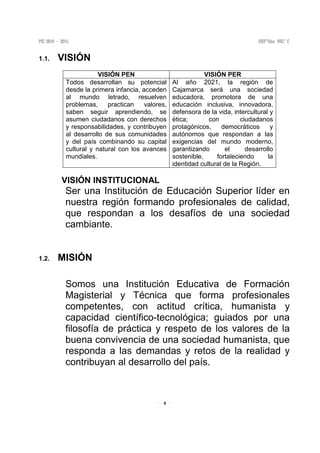8
1.1. VISIÓN
VISIÓN PEN VISIÓN PER
Todos desarrollan su potencial
desde la primera infancia, acceden
al mundo letrado, resuelven
problemas, practican valores,
saben seguir aprendiendo, se
asumen ciudadanos con derechos
y responsabilidades, y contribuyen
al desarrollo de sus comunidades
y del país combinando su capital
cultural y natural con los avances
mundiales.
Al año 2021, la región de
Cajamarca será una sociedad
educadora, promotora de una
educación inclusiva, innovadora,
defensora de la vida, intercultural y
ética; con ciudadanos
protagónicos, democráticos y
autónomos que respondan a las
exigencias del mundo moderno,
garantizando el desarrollo
sostenible, fortaleciendo la
identidad cultural de la Región.
VISIÓN INSTITUCIONAL
Ser una Institución de Educación Superior líder en
nuestra región formando profesionales de calidad,
que respondan a los desafíos de una sociedad
cambiante.
1.2. MISIÓN
Somos una Institución Educativa de Formación
Magisterial y Técnica que forma profesionales
competentes, con actitud crítica, humanista y
capacidad científico-tecnológica; guiados por una
filosofía de práctica y respeto de los valores de la
buena convivencia de una sociedad humanista, que
responda a las demandas y retos de la realidad y
contribuyan al desarrollo del país.
 
