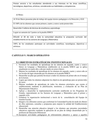 13
Prestar servicio a los estudiantes atendiendo a sus intereses en las áreas científicas,
tecnológicas, deportivas, artísticas, considerando sus habilidades y competencias.
d) Metas:
Al 30 de Marzo presentar plan de trabajo del equipo técnico pedagógico a la Dirección y EGE
El 100% de los alumnos que cursan primero, cuarto y octavo serán promovidos
Desarrollar 5 talleres de técnicas de enseñanza y aprendizaje.
Lograr un aumento de 5 puntos en la prueba SIMCE
Difundir al 30 de Julio a toda la comunidad educativa la propuesta curricular del
establecimiento en los sectores de Lenguaje y Matemática
100% de los estudiantes participan en actividades científicas, tecnológicas, deportivas o
artísticas.
CAPITULO V: MARCO OPERATIVO
5.1 OBJETIVOS ESTRATÉGICOS/ INSTITUCIONALES
1. Favorecer los resultados de aprendizaje de los alumnos de segundo, cuarto y octavo
básico en Lenguaje y Matemáticas establecidos en la prueba SIMCE que se aplica
anualmente en cuarto año y año por medio en octavo básico.
2. Mejorar los resultados de aprendizaje de los alumnos de segundo, cuarto y octavo año en
los niveles de logro alcanzado por los alumnos en la prueba SIMCE.
3. Desarrollar un plan que permita favorecer a todos los alumnos de primer año en el manejo
de la lectura.
4. Lograr que todos los alumnos adquieran los objetivos de aprendizaje para ser promovidos
de curso.
5. Mejorar resultados de aprendizaje de todos los alumnos prioritarios que cuenta el
establecimiento mediante la planificación, monitoreo, y evaluación de un Plan de
Mejoramiento Educativo.
6. Aplicar y desarrollar la implementación curricular establecida en los Programas de
Estudio, especialmente en los Sectores de Lenguaje y Matemática para el primer y
segundo ciclo.
7. Fortalecer la organización institucional a través de la consolidación del Equipo de
Gestión Escolar.
8. Integrar a los diferentes actores que conforman la Comunidad Escolar de modo de obtener
de ellos opiniones, consultas y propuestas para mejorar la calidad del Establecimiento
educacional.
9. Desarrollar una atención educativa integral a los alumnos que presentes necesidades
educativas especiales mediante la aplicación de un plan de trabajo desarrollado por la
profesora de Educación Diferencial.
10. Incorporar actividades pedagógicas de reforzamiento educativo y apoyo a aquellos
 