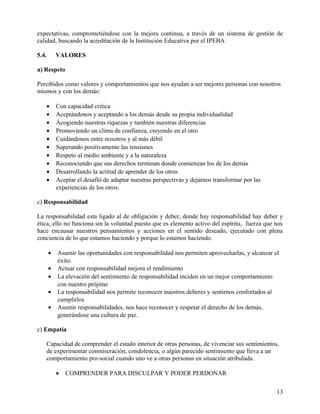 expectativas, comprometiéndose con la mejora continua, a través de un sistema de gestión de
calidad, buscando la acreditación de la Institución Educativa por el IPEBA
5.4. VALORES
a) Respeto
Percibidos como valores y comportamientos que nos ayudan a ser mejores personas con nosotros
mismos y con los demás:
• Con capacidad critica
• Aceptándonos y aceptando a los demás desde su propia individualidad
• Acogiendo nuestras riquezas y también nuestras diferencias
• Promoviendo un clima de confianza, creyendo en el otro
• Cuidándonos entre nosotros y al más débil
• Superando positivamente las tensiones
• Respeto al medio ambiente y a la naturaleza
• Reconociendo que sus derechos terminan donde comienzan los de los demás
• Desarrollando la actitud de aprender de los otros
• Aceptar el desafió de adaptar nuestras perspectivas y dejarnos transformar por las
experiencias de los otros.
c) Responsabilidad
La responsabilidad esta ligado al de obligación y deber, donde hay responsabilidad hay deber y
ética, ello no funciona sin la voluntad puesto que es elemento activo del espíritu, fuerza que nos
hace encausar nuestros pensamientos y acciones en el sentido deseado, ejecutado con plena
conciencia de lo que estamos haciendo y porque lo estamos haciendo.
• Asumir las oportunidades con responsabilidad nos permiten aprovecharlas, y alcanzar el
éxito.
• Actuar con responsabilidad mejora el rendimiento
• La elevación del sentimiento de responsabilidad inciden en un mejor comportamiento
con nuestro prójimo
• La responsabilidad nos permite reconocer nuestros deberes y sentirnos confortados al
cumplirlos
• Asumir responsabilidades, nos hace reconocer y respetar el derecho de los demás,
generándose una cultura de paz.
c) Empatía
Capacidad de comprender el estado interior de otras personas, de vivenciar sus sentimientos,
de experimentar conmiseración, condolencia, o algún parecido sentimiento que lleva a un
comportamiento pro-social cuando uno ve a otras personas en situación atribulada.
• COMPRENDER PARA DISCULPAR Y PODER PERDONAR
13
 