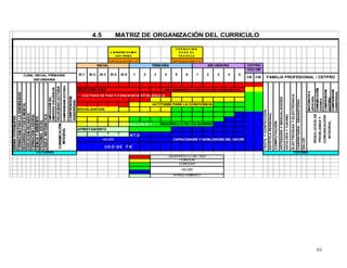 CB CM
SOCIALIZACION
DESARROLLO DE LOS SABERES
ACTITUDES PARA LA CONVIVENCIA
TUTORIA
COMPUTACIÒN
ESTÈTICAPERSONAL
EMOCIONALIDAD
CAPACIDADES Y HABILIDADES DEL HACER
F O R M A C IO N
P A R A EL
T R A B A J O
C OMPRENS ION
LEC TORA
ARTICULACION I -P
INICIAL PRIMARIA SECUNDARIA
APRESTAMIENTO
FAMILIA PROFESIONAL / CETPRO
TEXTILYCONFECCIÒN
4.5 MATRIZ DE ORGANIZACIÓN DEL CURRICULO
CUNA, INICIAL PRIMARIA
SECUNDARIA
CETPRO
CARPINTERÌA-EBANISTERÌA
ARTESANÌAYMANUALIDADES
HOTELERÌAYTURISMO
ELECTRICIDADYELECTRÒNICA
ARTICULACION P-S
RESOLUCIONDE
PROBLEMASY
COMUNICACIÓN
INTEGRAL
TUTORIA
SALUD
HACER
APRESTAMIENTO
HACER
CONOCER
CONVIVIR
DESARROLLO DEL SER
EI-1 1 2 3EI-5EI-4EI-3EI-2
CICLOS
4 5 6 5
DES ARROLLO Y C IMENTAC ION EMOC IONAL
1 2 3 4
CUL TURA DE P AZ Y C ONC IENCIA EC OL ÓGIC A
AUT OAPR E NDE R (INQUIR IR )
E MPR E NDIMIE NT O
US O DE T IC
CONCIENC IA C IUDADANA
61
 