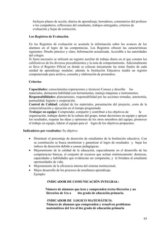 Incluyen planes de acción, diarios de aprendizaje, borradores, comentarios del profesor
o los compañeros, reflexiones del estudiante, trabajos entregados, criterios de
evaluación y hojas de corrección.
Los Registros de Evaluación.
En los Registros de evaluación se acumula la información sobre los avances de los
alumnos en el logro de las competencias. Los Registros ofrecen las características
siguientes: Diseño práctico y claro, Información actualizada, Accesible a las autoridades
del colegio.
Si fuera necesario se utilizará un registro auxiliar de trabajo diario en el que consten los
calificativos de los diversos procedimientos y la nota de comportamiento. Adicionalmente
se lleva el Registro Oficial en donde se colocan únicamente las notas finales de cada
unidad de aprendizaje modular; además la Institución Educativa tendrá un registro
computarizado para archivo, consulta y elaboración de promedios.
Criterios
Capacidades: conocimientos (operaciones y técnicos) Conoce y describe los
materiales, demuestra habilidad con herramientas, maneja máquinas e instrumentos.
Responsabilidades: planeamiento, responsabilidad por las acciones tomadas, autonomía,
puntualidad, higiene y cooperación.
Control de Calidad: calidad de los materiales, presentación del proyecto, costo de la
comercialización y ejecución en el tiempo programado.
Trabajar en equipo: Comprender, compartir y contribuir a los objetivos de la
organización, trabajar dentro de la cultura del grupo, tomar decisiones en equipo y apoyar
los resultados, respetar las ideas y opiniones de los otros miembros del equipo, promover
el trabajo en equipo, liderar el equipo para el logro de los objetivos propuestos.
Indicadores por resultados: Su objetivo
• Disminuir el porcentaje de deserción de estudiantes de la Institución educativa. Con
su constitución se busca monitorear y garantizar el logro de resultados y bajar los
índices de deserción debido a causas pedagógicas.
• Mejoramiento de la calidad de la educación, especialmente en el desarrollo de las
competencias básicas, el conjunto de recursos que actúan sistémicamente: destrezas,
capacidades y habilidades que evidencian ser competente, y le brindara al estudiante
oportunidades de vida;
• Mejoramiento de la eficiencia interna del sistema institucional;
• Mejor desarrollo de los procesos de enseñanza aprendizaje.
Ejemplo:
INDICADOR DE COMUNICACIÓN INTEGRAL:
Número de alumnos que leen y comprenden textos literarios y no
literarios de 1ro a 6to grado de educación primaria.
INDICADOR DE LOGICO MATEMÁTICO:
Número de alumnos que comprenden y resuelven problemas
matemáticos del 1ro al 6to grado de educación primaria
65
 