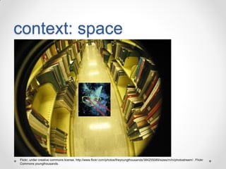 context: space

Flickr, under creative commons license, http://www.flickr.com/photos/theyoungthousands/384255089/sizes/m/in/photostream/ . Flickr
Commons youngthousands.

 