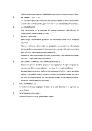relaciónalos problemasynecesidadesde lasociedadenunlugarymomentodado.
B. PROGRAMAS CURRICULARES
Sonel cuerpoorgánicode competenciasque se esperaenel alumnoyse convierten
enelementos técnicos válidos, para el diseño de una creación educativa correcta.
C. LAS COMPETENCIAS-
Una competencia es la capacidad de resolver problemas haciendo uso de
conocimientos, capacidades y actitudes.
D. MARCO CURRICULAR:
Aprendizajes fundamentales que todos los estudiantes deben tienen derecho a
aprender.
Acceden a la lengua escritadesde una perspectiva comunicativa e intercultural,
demostrandocompetenciasenlalectura,escriturayla expresiónoral encastellano
y en su lengua materna siempre que sea posible.
Desarrollan diversos lenguajes artísticos, demostrando capacidad de apreciación,
creación y expresión en cada uno de ellos.
E. ESTANDARES DE APRENDIZAJE (MAPAS DE PROGRESO):
Descripción precisa de cómo progresan las expectativas de aprendizaje de los
estudiantes, al término de cada ciclo y a lo largo de su escolaridad básica.
Los estándares son una de las herramientas que contribuirán a lograr la ansiada
calidad y equidad del sistema educativo peruano, el cual debe asegurar que todos
losniños,niñasyjóvenesdel país,de cualquiercontextosocioeconómicoocultural,
logren los aprendizajes fundamentales.
F. RUTAS DE APRENDIZAJE:
Como herramientas pedagógicas de apoyo a la labor docente en el logro de los
aprendizajes.
G. CAPACIDADES E INDICADORES:
Propuestos en las rutas de aprendizaje y el DCN
 