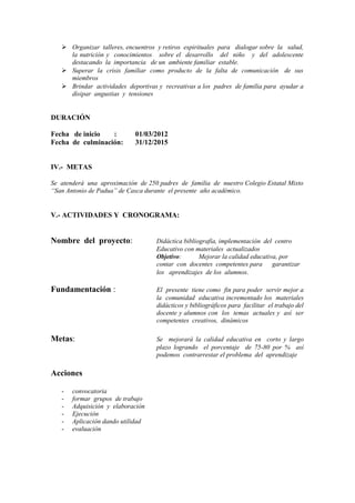  Organizar talleres, encuentros y retiros espirituales para dialogar sobre la salud,
la nutrición y conocimientos sobre el desarrollo del niño y del adolescente
destacando la importancia de un ambiente familiar estable.
 Superar la crisis familiar como producto de la falta de comunicación de sus
miembros
 Brindar actividades deportivas y recreativas a los padres de familia para ayudar a
disipar angustias y tensiones
DURACIÓN
Fecha de inicio : 01/03/2012
Fecha de culminación: 31/12/2015
IV.- METAS
Se atenderá una aproximación de 250 padres de familia de nuestro Colegio Estatal Mixto
“San Antonio de Padua” de Casca durante el presente año académico.
V.- ACTIVIDADES Y CRONOGRAMA:
Nombre del proyecto: Didáctica bibliografía, implementación del centro
Educativo con materiales actualizados
Objetivo: Mejorar la calidad educativa, por
contar con docentes competentes para garantizar
los aprendizajes de los alumnos.
Fundamentación : El presente tiene como fin para poder servir mejor a
la comunidad educativa incrementado los materiales
didácticos y bibliográficos para facilitar el trabajo del
docente y alumnos con los temas actuales y así ser
competentes creativos, dinámicos
Metas: Se mejorará la calidad educativa en corto y largo
plazo logrando el porcentaje de 75-80 por % así
podemos contrarrestar el problema del aprendizaje
Acciones
- convocatoria
- formar grupos de trabajo
- Adquisición y elaboración
- Ejecución
- Aplicación dando utilidad
- evaluación
 