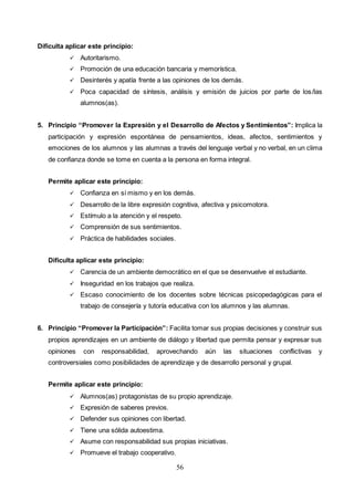 56
Dificulta aplicar este principio:
 Autoritarismo.
 Promoción de una educación bancaria y memorística.
 Desinterés y apatía frente a las opiniones de los demás.
 Poca capacidad de síntesis, análisis y emisión de juicios por parte de los/las
alumnos(as).
5. Principio “Promover la Expresión y el Desarrollo de Afectos y Sentimientos”: Implica la
participación y expresión espontánea de pensamientos, ideas, afectos, sentimientos y
emociones de los alumnos y las alumnas a través del lenguaje verbal y no verbal, en un clima
de confianza donde se tome en cuenta a la persona en forma integral.
Permite aplicar este principio:
 Confianza en sí mismo y en los demás.
 Desarrollo de la libre expresión cognitiva, afectiva y psicomotora.
 Estímulo a la atención y el respeto.
 Comprensión de sus sentimientos.
 Práctica de habilidades sociales.
Dificulta aplicar este principio:
 Carencia de un ambiente democrático en el que se desenvuelve el estudiante.
 Inseguridad en los trabajos que realiza.
 Escaso conocimiento de los docentes sobre técnicas psicopedagógicas para el
trabajo de consejería y tutoría educativa con los alumnos y las alumnas.
6. Principio “Promover la Participación”: Facilita tomar sus propias decisiones y construir sus
propios aprendizajes en un ambiente de diálogo y libertad que permita pensar y expresar sus
opiniones con responsabilidad, aprovechando aún las situaciones conflictivas y
controversiales como posibilidades de aprendizaje y de desarrollo personal y grupal.
Permite aplicar este principio:
 Alumnos(as) protagonistas de su propio aprendizaje.
 Expresión de saberes previos.
 Defender sus opiniones con libertad.
 Tiene una sólida autoestima.
 Asume con responsabilidad sus propias iniciativas.
 Promueve el trabajo cooperativo.
 