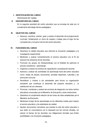 89
I. IDENTIFICACIÓN DEL CARGO
PROFESOR DE TURNO.
II. DESCRIPCIÓN DEL CARGO
Es la segunda autoridad del centro educativo que se encarga de velar por el
cumplimiento del trabajo técnico pedagógico.
III. OBJETIVO DEL CARGO
 Asesorar, coordinar, orientar, guiar y evaluar el desarrollo de la programación
curricular; fortaleciendo un clima de respeto y trabajo para el logro de las
competencias y la buena marcha del centro educativo.
IV. FUNCIONES DEL CARGO
 Garantizar la calidad educativa que estimule la innovación pedagógica y la
investigación experimental.
 Monitorear y evaluar constantemente el servicio educativo con el fin de
asesorar los esfuerzos de los docentes.
 Promover los grupos de interaprendizaje con la finalidad de optimizar el
proceso enseñanza – aprendizaje.
 Organizar y evaluar los eventos de capacitación y actualización docente.
 Autorizar y evaluar las actividades de aprendizaje fuera del centro educativo
como: visitas de estudio, excursiones, jornadas deportivas, culturales y de
promoción comunal.
 Sensibilizar y motivar a los estudiantes para formar su organización
estudiantil que contribuya al desarrollo del proyecto educativo y la
satisfacción de sus intereses.
 Promover, monitorear y evaluar las acciones de integración con otros centros
educativos convocados por el Ministerio de Educación y otras instituciones.
 Garantizar el cumplimiento efectivo de las horas de clase establecidas por el
Ministerio de Educación.
 Monitorear el logro de los aprendizajes en los diferentes niveles para mejorar
el servicio educativo y los estándares de calidad.
 Aprobar documentos normativos que orientan la vida del centro educativo y
que estén en concordancia con lo dispuesto por las normas oficiales, sin
saturar el tiempo de los docentes con obligaciones formales que limiten
posibilidades a la innovación pedagógica.
 