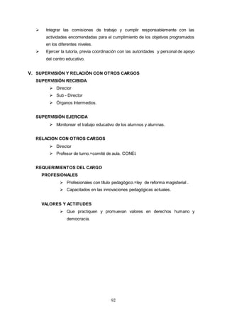 92
 Integrar las comisiones de trabajo y cumplir responsablemente con las
actividades encomendadas para el cumplimiento de los objetivos programados
en los diferentes niveles.
 Ejercer la tutoría, previa coordinación con las autoridades y personal de apoyo
del centro educativo.
V. SUPERVISIÓN Y RELACIÓN CON OTROS CARGOS
SUPERVISIÓN RECIBIDA
 Director
 Sub - Director
 Órganos Intermedios.
SUPERVISIÓN EJERCIDA
 Monitorear el trabajo educativo de los alumnos y alumnas.
RELACION CON OTROS CARGOS
 Director
 Profesor de turno.=comité de aula. CONEI.
REQUERIMIENTOS DEL CARGO
PROFESIONALES
 Profesionales con título pedagógico.=ley de reforma magisterial .
 Capacitados en las innovaciones pedagógicas actuales.
VALORES Y ACTITUDES
 Que practiquen y promuevan valores en derechos humano y
democracia.
 