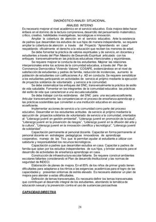 28
DIAGNÓSTICO-ANALISI SITUACIONAL.
ANALISIS INTERNO
Es necesario mejorar el nivel académico en el servicio educativo. Esta mejora debe hacer
énfasis en el dominio de la lectura comprensiva, desarrollo del pensamiento matemático,
crítico, creativo, habilidades investigativas, tecnológicas e innovación.
Ampliar la cobertura de atención en el servicio educativo. Ante la existencia
de padres que desarrollan los estudios de sus hijos de manera independiente, se requiere
ampliar la cobertura de atención a través del Proyecto “Aprendiendo en casa”
respaldando oficialmente el derecho a la educación que reciben los menores de edad.
Se debe fomentar la práctica de valores espirituales y de servicio, en docentes y
estudiantes a través del Plan Maestro de Desarrollo Espiritual articulado con los
enfoques transversalmente en las prácticas educativas intencionales y espontáneas.
Se requiere mejorar la conducta de los estudiantes. Mejorar las relaciones
interpersonales entre los actores de la comunidad educativa, a través del Plan de
Convivencia Democrática “Viviendo Valores” COSAPE, evidenciándose en el nivel de
satisfacción de estudiantes y padres de familia, reducción de incidencias, aumento la
población de estudiantes con calificaciones A y AD en conducta. Se requiere sensibilizar
a los estudiantes participando en actividades de servicio al prójimo mediante la ejecución
de proyectos solidarios de voluntariado y servicio a la comunidad.
Se debe sistematizar los enfoques del DNC, transversalmente la práctica de estilo
de vida saludable. Fomentar en los integrantes de la comunidad educativa las prácticas
del estilo de vida que caracterizan a una escuela saludable.
Se debe trabajar con los estándares del DNC para una escuela ecoeficiente.
Articular transversalmente las competencias en el proceso de enseñanza aprendizaje y
las prácticas sostenibles que convierten a una institución educativa en escuela
ecoeficiente.
Implementar acciones de servicio a la comunidad como parte del proceso
educativo. Desarrollar en los estudiantes actitudes de servicio al prójimo mediante la
ejecución de proyectos solidarios de voluntariado de servicio a la comunidad, orientados
al: “Liderazgo juvenil en gestión ambiental”, “Liderazgo juvenil en promoción de la salud”,
“Liderazgo juvenil en la prevención de riesgos”, “Liderazgo juvenil en la difusión del arte y
la cultura”, “Liderazgo juvenil en la innovación científica y tecnológica”, “Liderazgo juvenil
de solidaridad”.
Capacitación permanente al personal docente. Capacitar en forma permanente al
personal docente en estrategias pedagógicas innovadoras de aprendizaje
cooperativo, manejo de las Tics que le permitan ayudar al estudiante a utilizar con
sabiduría y responsabilidad los recursos tecnológicos.
Capacitación a padres que desarrollan estudios en casa. Capacitar a padres de
familia que optan por los estudios independientes de sus hijos, y brindar asesoría para el
desarrollo de actividades de enseñanza aprendizaje en casa.
Construcción de infraestructura escolar faltante. Se requiere construir ambientes
escolares faltantes considerando el Plan de desarrollo Institucional y las normas de
seguridad de INDECI.
Elaboración de planes de mejora. En el 85% de los niños de primer grado tienen
dificultades para adaptarse a los ritmos a las exigencias académicas para el logro de las
capacidades y presentan síntomas de estrés elevado. Es necesario elaborar un plan de
mejora para atender a estas dificultades.
Definición de temas transversales. Es necesario definir los temas transversales
que contribuyan al desarrollo integral de los estudiantes, abordando la temática de
educación sexual y la prevención contra el uso de sustancias psicoactivas
CAPACIDAD DIRECTIVA
 