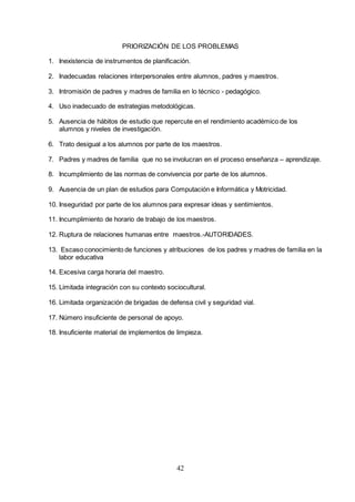 42
PRIORIZACIÓN DE LOS PROBLEMAS
1. Inexistencia de instrumentos de planificación.
2. Inadecuadas relaciones interpersonales entre alumnos, padres y maestros.
3. Intromisión de padres y madres de familia en lo técnico - pedagógico.
4. Uso inadecuado de estrategias metodológicas.
5. Ausencia de hábitos de estudio que repercute en el rendimiento académico de los
alumnos y niveles de investigación.
6. Trato desigual a los alumnos por parte de los maestros.
7. Padres y madres de familia que no se involucran en el proceso enseñanza – aprendizaje.
8. Incumplimiento de las normas de convivencia por parte de los alumnos.
9. Ausencia de un plan de estudios para Computación e Informática y Motricidad.
10. Inseguridad por parte de los alumnos para expresar ideas y sentimientos.
11. Incumplimiento de horario de trabajo de los maestros.
12. Ruptura de relaciones humanas entre maestros.-AUTORIDADES.
13. Escaso conocimiento de funciones y atribuciones de los padres y madres de familia en la
labor educativa
14. Excesiva carga horaria del maestro.
15. Limitada integración con su contexto sociocultural.
16. Limitada organización de brigadas de defensa civil y seguridad vial.
17. Número insuficiente de personal de apoyo.
18. Insuficiente material de implementos de limpieza.
 
