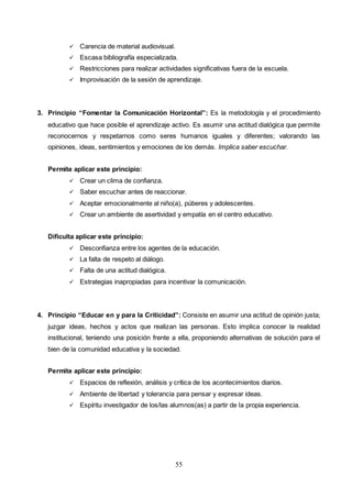 55
 Carencia de material audiovisual.
 Escasa bibliografía especializada.
 Restricciones para realizar actividades significativas fuera de la escuela.
 Improvisación de la sesión de aprendizaje.
3. Principio “Fomentar la Comunicación Horizontal”: Es la metodología y el procedimiento
educativo que hace posible el aprendizaje activo. Es asumir una actitud dialógica que permite
reconocernos y respetarnos como seres humanos iguales y diferentes; valorando las
opiniones, ideas, sentimientos y emociones de los demás. Implica saber escuchar.
Permite aplicar este principio:
 Crear un clima de confianza.
 Saber escuchar antes de reaccionar.
 Aceptar emocionalmente al niño(a), púberes y adolescentes.
 Crear un ambiente de asertividad y empatía en el centro educativo.
Dificulta aplicar este principio:
 Desconfianza entre los agentes de la educación.
 La falta de respeto al diálogo.
 Falta de una actitud dialógica.
 Estrategias inapropiadas para incentivar la comunicación.
4. Principio “Educar en y para la Criticidad”: Consiste en asumir una actitud de opinión justa;
juzgar ideas, hechos y actos que realizan las personas. Esto implica conocer la realidad
institucional, teniendo una posición frente a ella, proponiendo alternativas de solución para el
bien de la comunidad educativa y la sociedad.
Permite aplicar este principio:
 Espacios de reflexión, análisis y crítica de los acontecimientos diarios.
 Ambiente de libertad y tolerancia para pensar y expresar ideas.
 Espíritu investigador de los/las alumnos(as) a partir de la propia experiencia.
 