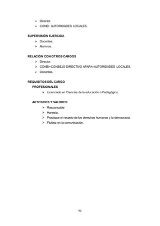 94
 Director.
 CONEI AUTORIDADES LOCALES.
SUPERVISIÓN EJERCIDA
 Docentes.
 Alumnos.
RELACIÓN CON OTROS CARGOS
 Director.
 CONEI=CONSEJO DIRECTIVO APAFA=AUTORIDADES LOCALES.
 Docentes.
REQUISITOS DEL CARGO
PROFESIONALES
 Licenciado en Ciencias de la educación o Pedagógico.
ACTITUDES Y VALORES
 Responsable
 Honesto.
 Practique el respeto de los derechos humanos y la democracia.
 Fluidez en la comunicación.
 