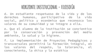 HORIZONTE INSTITUCIONAL - FILOSOFÍA
d. Un estudiante respetuoso de la vida y de los
derechos humanos, participativo de la vida
social, política y económica que reconozca los
valores de su comunidad y se integre a ella.
e. Que el alumno de la institución se concientice
por la conservación y prevención del medio
ambiente, la salud y la higiene.
f. La implementación de Proyectos Pedagógicos y
transversales permitirá la formación integral, en
los valores del respeto, la tolerancia, el
conocimiento, la ética y la estética
 
