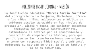HORIZONTE INSTITUCIONAL - MISIÓN
La Institución Educativa “Marcos García Carrillo”
del corregimiento La Donjuana, Bochalema, ofrece
a los niños, niñas, adolescentes y adultos un
ambiente escolar agradable en los niveles de
preescolar, básica y media, de carácter académico
inclusiva con enfoque constructivista,
estimulando el interés por el conocimiento y
desarrollo de competencias básicas, para que
participen en las transformaciones que exige su
entorno con responsabilidad social y ambiental
mejorando su calidad de vida, la de su familia y
la de su comunidad.
 