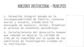 HORIZONTE INSTITUCIONAL - PRINCIPIOS
c. Formación integral basada en la
corresponsabilidad de familia, contexto
social y escuela, siendo ésta la
encargada de asesorar, animar, dinamizar
el proceso de enseñanza aprendizaje.
d. Fortalecimiento del desarrollo humano
que redunde en mejorar la calidad de
vida de la comunidad con la ayuda de los
semilleros de investigación creados en
la institución.
 