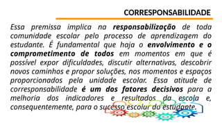 CORRESPONSABILIDADE
Essa premissa implica na responsabilização de toda
comunidade escolar pelo processo de aprendizagem do
estudante. É fundamental que haja o envolvimento e o
comprometimento de todos em momentos em que é
possível expor dificuldades, discutir alternativas, descobrir
novos caminhos e propor soluções, nos momentos e espaços
proporcionados pela unidade escolar. Essa atitude de
corresponsabilidade é um dos fatores decisivos para a
melhoria dos indicadores e resultados da escola e,
consequentemente, para o sucesso escolar do estudante.
 