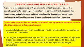 DOCUMENTO DE TRABAJO
ORIENTACIONES PARA REALIZAR EL PEI DE LA I.E.
Promover la incorporación del enfoque ambiental en los instrumentos de gestión
educativa, apoyar la creación y el desarrollo de los comités ambientales, desarrollar
instrumentos pedagógicos sobre el tema ecoeficiencia, de acuerdo a los currículos
nacionales, y facilitar el intercambio de experiencias entre colegios y docentes.
Desde esta perspectiva se puede considerar los siguientes aspectos en una
planificación con enfoque ambiental:
 Una identidad con una visión estratégica y misión ambientalista y con enfoque
de desarrollo sostenible.
 Un diagnóstico que considera problemáticas ambientales referidas por ejemplo
al consumo responsable de agua, energía y gestión adecuada de residuos
sólidos y biodiversidad, la salud ambiental, el aire y gestión de riesgos,
convivencia
 