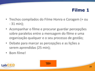 Filme 1

• Trechos compilados do Filme Honra e Coragem (+ ou
  - 31 min);
• Acompanhar o filme e procurar guardar percepções
  sobre paralelos entre a mensagem do filme e uma
  organização qualquer e o seu processo de gestão;
• Debate para marcar as percepções e as lições a
  serem aprendidas (25 min);
• Bom filme!


                                                      39
 