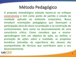 Método Pedagógico
A proposta metodológica adotada baseia-se no enfoque
construtivista e tem como ponto de partida o estudo...