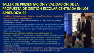 TALLER DE PRESENTACIÓN Y VALIDACIÓN DE LA
PROPUESTA DE GESTIÓN ESCOLAR CENTRADA EN LOS
APRENDIZAJES
Establecer fechas exactas y horarios para el/los talleres y realizar la
convocatoria a los participantes.
Preparar un espacio adecuado para realizar el taller sin interrupciones,
de preferencia en la IE.
Establecer las funciones y/o responsabilidades de los miembros de la
CPEI durante la realización del taller participativo. Es necesario que
se cuente con un moderador (a) que oriente, promueva y dirija el
taller participativo.
Preparar, con anterioridad, todos los materiales necesarios.
Durante el taller, la CPEI conformará grupos de trabajo, según la cantidad
de asistentes. Se sugiere asignar a cada grupo un objetivo de gestión
escolar centrado en los aprendizajes, para revisar cuidadosamente la
articulación Objetivo Estratégico - Meta - Indicador - Estrategias y
modificar lo que sea necesario para asegurar el cumplimiento de los
objetivos previstos.
Posteriormente a la realización del taller, la CPEI sistematiza los acuerdos
alcanzados, a fin de contar con una versión final de los objetivos y la
matriz de planificación.
 