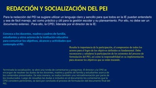 REDACCIÓN Y SOCIALIZACIÓN DEL PEI
Para la redacción del PEI se sugiere utilizar un lenguaje claro y sencillo para que todos en la IE puedan entenderlo
y sea de fácil manejo, así como práctico y útil para la gestión escolar y su planeamiento. Por ello, no debe ser un
documento extenso . Para ello, la CPEI, liderada por el director de la IE:
Convoca a los docentes, madres y padres de familia,
estudiantes y otros actores de la institución educativa
para comunicar los objetivos, alcances y actividades que
contempla el PEI.
Resalta la importancia de la participación, el compromiso de todos los
actores para el logro de los objetivos definidos es fundamental. Debe
reconocerse y saludarse la participación de los asistentes del proceso de
formulación del PEI, así como la responsabilidad en su implementación
para alcanzar los objetivos que se están trazando.
Terminada la socialización, se abre una ronda de comentarios y preguntas. El director y la CPEI se
encargan de resolver las dudas de los docentes, madres y padres de familia y estudiantes acerca de
los contenidos presentados. De esta manera, se realiza también una retroalimentación por parte de
los involucrados. Luego de resueltas las dudas e incluidos en el documento los comentarios que la
CPEI considere pertinentes, se dará por concluido el proceso de formulación del documento final del
PEI.
 