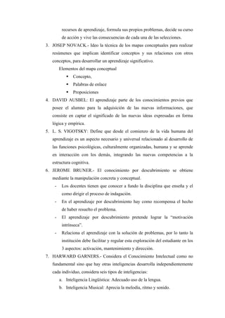 recursos de aprendizaje, formula sus propios problemas, decide su curso
         de acción y vive las consecuencias de cada una de las selecciones.
3. JOSEP NOVACK.- Ideo la técnica de los mapas conceptuales para realizar
   resúmenes que implican identificar conceptos y sus relaciones con otros
   conceptos, para desarrollar un aprendizaje significativo.
        Elementos del mapa conceptual
              Concepto,
              Palabras de enlace
              Proposiciones
4. DAVID AUSBEL: El aprendizaje parte de los conocimientos previos que
   posee el alumno para la adquisición de las nuevas informaciones, que
   consiste en captar el significado de las nuevas ideas expresadas en forma
   lógica y empírica.
5. L. S. VIGOTSKY: Define que desde el comienzo de la vida humana del
   aprendizaje es un aspecto necesario y universal relacionado al desarrollo de
   las funciones psicológicas, culturalmente organizadas, humana y se aprende
   en interacción con los demás, integrando las nuevas competencias a la
   estructura cognitiva.
6. JEROME BRUNER.- El conocimiento por descubrimiento se obtiene
   mediante la manipulación concreta y conceptual.
    -    Los docentes tienen que conocer a fundo la disciplina que enseña y el
         como dirigir el proceso de indagación.
    -    En el aprendizaje por descubrimiento hay como recompensa el hecho
         de haber resuelto el problema.
    -    El aprendizaje por descubrimiento pretende lograr la “motivación
         intrínseca”.
    -    Relaciona el aprendizaje con la solución de problemas, por lo tanto la
         institución debe facilitar y regular esta exploración del estudiante en los
         3 aspectos: activación, mantenimiento y dirección.
7. HARWARD GARNERS.- Considera el Conocimiento Intelectual como no
   fundamental sino que hay otras inteligencias desarrolla independientemente
   cada individuo, considera seis tipos de inteligencias:
        a. Inteligencia Lingüística: Adecuado uso de la lengua.
        b. Inteligencia Musical: Aprecia la melodía, ritmo y sonido.
 