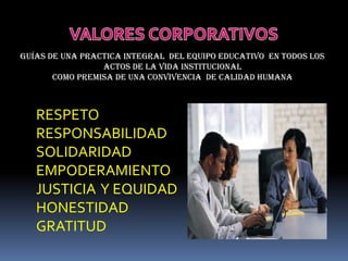 Guías de una PRACTICA integral del equipo educativo EN TODOS LOS
                 ACTOS DE LA VIDA INSTITUCIONAL
       COMO PREMISA DE UNA CONVIVENCIA DE CALIDAD HUMANA



   RESPETO
   RESPONSABILIDAD
   SOLIDARIDAD
   EMPODERAMIENTO
   JUSTICIA Y EQUIDAD
   HONESTIDAD
   GRATITUD
 