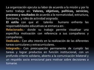 La organización ejecuta su labor de acuerdo a la misión y por lo
tanto trabaja en: Valores, objetivos, políticas, servicios,
procesos y resultados de acuerdo a la normatividad, estructura,
funciones, y roles de actividad asignada.
El estilo con que el          talento      humano enfrenta las
responsabilidades educativas se enmarca en:
Relacionado.- donde su trabajo permite visualizar una
específica motivación con referencia a sus compañeros y
compañeras.
Dedicado.- Con alto interés en la realización de las diferentes
tareas curriculares y extracurriculares.
Integrado.- Con preocupación permanente de cumplir las
tareas y lograr productos en función institucional, con un
profundo criterio solidario, abierto a la comunicación bilateral y
un respaldo socio emocional para motivar sobre decisiones a
tomarse.
 