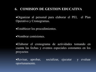 6. COMISION DE GESTION EDUCATIVA

 Organizar al personal para elaborar el PEI,    el Plan
Operativo y Cronogramas.

 Establecer los procedimientos.

 Nombrar comisiones.

 Elaborar el cronograma de actividades tomando en
cuenta las fechas y eventos especiales constantes en los
proyectos

 Revisar, aprobar,     socializar, ejecutar   y evaluar
oportunamente.
 