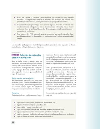 ✔ Tener en cuenta el enfoque constructivista que caracteriza al Currículo
       Nacional. Es importante centrar la mirada y las acciones en función del
       aprendizaje del alumnado, en las potencialidades que puede desarrollar.
     ✔ El desarrollo del aprendizaje tiene mayor riqueza mientras involucra más
       insistentemente a la persona en su medio social, cultural y en su medio
       ambiente. Esto le facilita el desarrollo de estrategias para la identificación y
       resolución de problemas.
     ✔ Este aspecto del PCC responde a varias preguntas que pueden ayudar: ¿qué
       actividades realizará el alumnado, o el equipo docente?, ¿cómo se organizará el
       trabajo?


Los modelos pedagógicos y metodológicos deben garantizar estos aspectos y -funda-
mentalmente- el logro de nuestros objetivos.



PASO 6 Selección de materiales                      escenarios diversos que exija la actividad
y recursos curriculares                             escolar; ámbitos y lugares que favorezcan un
                                                    tipo de relaciones congruentes con las metas
Aquí se debe tener en cuenta que los                propuestas (relaciones de cooperación, de
materiales editados -bibliográficos, audio-         trabajo en equipo, de comunicación, etc.).
visuales, etc.- difícilmente pueden llenar
exactamente los requisitos del currículo.           Habrá que reflexionar, en relación al es-
Como equipo docente, deben identifi-                pacio, su distribución, ubicación, cantidad
carse aquellos recursos que ayudarán al             y calidad. Los usos que se hace de los
logro de objetivos:                                 mismos. La concepción del espacio: ¿tras-
                                                    ciende al ámbito escolar para integrar la
Recursos con que se cuenta                          comunidad? La propuesta pedagógica es la
Son humanos y materiales, recursos que              que determinará los criterios para la
permitan poner en marcha una determi-               organización del espacio en el centro. La
nada metodología, recursos que posibilitan          propuesta puede requerir espacios fijos
en nuestro centro lograr los objetivos              (aulas) o abiertos (talleres, huertos, salidas
propuestos, equipamientos y mobiliario.             pedagógicas, museos, etc.).

Espacios                                            Es conveniente analizar diversos tipos de
Espacios donde sea posible pensar y hacer;          espacios:



     ✔   espacios docentes (aulas, bibliotecas, laboratorios, etc.)
     ✔   espacios recreativos (patios, canchas, etc. )
     ✔   los servicios ( baños, comedor, etc.)
     ✔   espacios de gestión (despachos, dirección, sala de profesores, etc.)
     ✔   espacios de circulación y comunicación (pasillos, vestíbulos, etc.)
     ✔   espacios comunes: (auditorios, salas de reuniones amplias, canchas, zonas verdes etc.)
     ✔   espacio virtual (acceso al mundo de la informática)


50
 