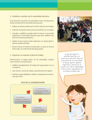 2.	 Establecer acuerdos con la comunidad educativa

En los primeros encuentros, las autoridades reúnen a los docentes y
demás miembros de la comunidad educativa para:

•	   Explicar, de manera sencilla, qué es el PEI y cuáles son sus ventajas.

•	   Presentar el mapa de ruta de construcción del PEI, con sus etapas.

•	   Consultar y establecer acuerdos sobre la manera en que puede
     organizarse la Comunidad Educativa para llevar adelante este
     proceso de manera participativa.

•	   Explicar de qué manera puede organizarse un equipo gestor y
     quiénes pueden participar.

•	   Revisar criterios con todos los involucrados y acordar, de manera
     democrática, la conformación del equipo gestor.


                                                                                    Luego de lograr la
3.	 Organizar en conjunto el plan de trabajo
                                                                                   sensibilización y el
                                                                              compromiso de participación
Posteriormente, el equipo gestor, con las autoridades, realizará
                                                                               por parte de la comunidad,
varias sesiones o encuentros para:
                                                                                 el equipo gestor deberá
•	   Establecer la programación del trabajo del equipo gestor con un            organizar y planificar la
     cronograma.                                                              construcción de la identidad
                                                                              institucional, respetando los
•	   Fijar criterios, normas de trabajo y procedimientos de registro.             acuerdos establecidos.

•	   Distribuir responsabilidades y elaborar cronogramas de construc-
     ción para el PEI.


                   RUTA DE LA SENSIBILIZACIÓN


                                           2. Conformar un
                                           equipo que sea gestor
                                           o animador


          1. Sensibilizar y
          establecer acuerdos con
          la comunidad educativa



                                         3. Organizar
                                         el plan de trabajo




                                                                                                              13
 