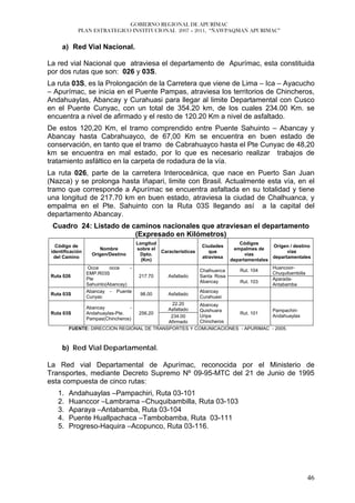 GOBIERNO REGIONAL DE APURÍMAC
             PLAN ESTRATEGICO INSTITUCIONAL 2007 – 2011, “ÑAWPAQMAN APURIMAC”


      a) Red Vial Nacional.

La red vial Nacional que atraviesa el departamento de Apurímac, esta constituida
por dos rutas que son: 026 y 03S.
La ruta 03S, es la Prolongación de la Carretera que viene de Lima – Ica – Ayacucho
– Apurímac, se inicia en el Puente Pampas, atraviesa los territorios de Chincheros,
Andahuaylas, Abancay y Curahuasi para llegar al limite Departamental con Cusco
en el Puente Cunyac, con un total de 354.20 km, de los cuales 234.00 Km. se
encuentra a nivel de afirmado y el resto de 120.20 Km a nivel de asfaltado.
De estos 120,20 Km, el tramo comprendido entre Puente Sahuinto – Abancay y
Abancay hasta Cabrahuayco, de 67,00 Km se encuentra en buen estado de
conservación, en tanto que el tramo de Cabrahuayco hasta el Pte Cunyac de 48,20
km se encuentra en mal estado, por lo que es necesario realizar trabajos de
tratamiento asfáltico en la carpeta de rodadura de la vía.
La ruta 026, parte de la carretera Interoceánica, que nace en Puerto San Juan
(Nazca) y se prolonga hasta Iñapari, limite con Brasil. Actualmente esta vía, en el
tramo que corresponde a Apurímac se encuentra asfaltada en su totalidad y tiene
una longitud de 217.70 km en buen estado, atraviesa la ciudad de Chalhuanca, y
empalma en el Pte. Sahuinto con la Ruta 03S llegando así a la capital del
departamento Abancay.
 Cuadro 24: Listado de caminos nacionales que atraviesan el departamento
                        (Expresado en Kilómetros)
                                        Longitud                                   Códigos
   Código de                                                       Ciudades                       Origen / destino
                       Nombre           sobre el                                 empalmes de
 identificación                                  Características      que                               vías
                    Origen/Destino       Dpto.                                        vías
  del Camino                                                       atraviesa                      departamentales
                                          (Km)                                  departamentales
                  Occe      occe    -                                                             Huancoor-
                                                                   Chalhuanca      Rut. 104
                  EMP.R03S                                                                        Chuquibambilla
 Ruta 026                                217.70      Asfaltado     Santa Rosa
                  Pte                                                                             Aparada-
                                                                   Abancay         Rut. 103
                  Sahuinto(Abancay)                                                               Antabamba
                  Abancay - Puente                                 Abancay
 Ruta 03S                                98.00       Asfaltado
                  Cunyac                                           Curahuasi
                                             22.20    Abancay
                  Abancay          -       Asfaltado  Quishuara               Pampachiri-
 Ruta 03S         Andahuaylas-Pte.
                                256.20                            Rut. 101
                                            234.00    Uripa                   Andahuaylas
                  Pampas(Chincheros)
                                           Afirmado   Chincheros
        FUENTE: DIRECCION REGIONAL DE TRANSPORTES Y COMUNICACIONES - APURIMAC - 2005.



      b) Red Vial Departamental.

La Red vial Departamental de Apurímac, reconocida por el Ministerio de
Transportes, mediante Decreto Supremo Nº 09-95-MTC del 21 de Junio de 1995
esta compuesta de cinco rutas:
    1.   Andahuaylas –Pampachiri, Ruta 03-101
    2.   Huanccor –Lambrama –Chuquibambilla, Ruta 03-103
    3.   Aparaya –Antabamba, Ruta 03-104
    4.   Puente Huallpachaca –Tambobamba, Ruta 03-111
    5.   Progreso-Haquira –Acopunco, Ruta 03-116.




                                                                                                                   46
 