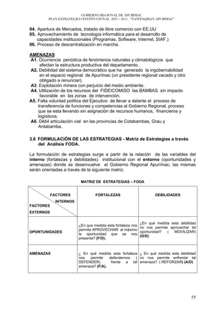 GOBIERNO REGIONAL DE APURÍMAC
         PLAN ESTRATEGICO INSTITUCIONAL 2007 – 2011, “ÑAWPAQMAN APURIMAC”


04. Apertura de Mercados, tratado de libre comercio con EE.UU
05. Aprovechamiento de tecnología informática para el desarrollo de
    capacidades institucionales (Programas, Software, Internet, SIAF.)
06. Proceso de descentralización en marcha.

AMENAZAS
A1. Ocurrencia periódica de fenómenos naturales y climatológicos que
     afectan la estructura productiva del departamento.
A2. Debilidad del sistema democrático que ha generado la ingobernabilidad
     en el espacio regional de Apurímac (un presidente regional vacado y otro
     obligado a renunciar).
A3. Explotación minera con perjuicio del medio ambiente.
A4. Utilización de los recursos del FIDEICOMISO las BAMBAS sin impacto
     favorable en las zonas de intervención.
A5. Falta voluntad política del Ejecutivo de llevar a delante el proceso de
    transferencia de funciones y competencias al Gobierno Regional, proceso
    que se esta llevando sin asignación de recursos humanos, financieros y
    logísticos.
A6. Débil articulación vial en las provincias de Cotabambas, Grau y
    Antabamba.

3.6 FORMULACIÓN DE LAS ESTRATEGIAS - Matriz de Estrategias a través
    del Análisis FODA.

La formulación de estrategias surge a partir de la relación de las variables del
interno (fortalezas y debilidades) institucional con el entorno (oportunidades y
amenazas) donde se desenvuelve el Gobierno Regional Apurímac; las mismas
serán orientadas a través de la siguiente matriz.

                         MATRIZ DE ESTRATEGIAS – FODA


           FACTORES              FORTALEZAS                      DEBILIDADES
             INTERNOS
FACTORES
EXTERNOS

                                                          ¿En qué medida esta debilidad
                        ¿En que medida esta fortaleza nos
                                                          no nos permite aprovechar tal
                        permite APROVECHAR al máximo
OPORTUNIDADES                                             oportunidad?  (  MOVILIZAR)
                        la oportunidad que se nos
                                                          (O/D)
                        presenta? (F/O).



AMENAZAS                ¿ En qué medida esta fortaleza ¿ En qué medida esta debilidad
                        nos  permite    defendernos  ( no nos permite enfrentar tal
                        DEFENDER)        frente a tal amenaza? ( REFORZAR) (A/D)
                        amenaza? (F/A).




                                                                                    55
 