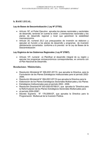 GOBIERNO REGIONAL DE APURÍMAC
         PLAN ESTRATEGICO INSTITUCIONAL 2007 – 2011, “ÑAWPAQMAN APURIMAC”




b. BASE LEGAL.

Ley de Bases de Descentralización ( Ley Nº 27783).

   •   Artículo 18º, el Poder Ejecutivo aprueba los planes nacionales y sectoriales
       de desarrollo, teniendo en cuenta la visión y orientaciones nacionales y los
       planes de desarrollo regional y local que garanticen la estabilidad
       macroeconomía.
   •   Artículo 20, numeral 20.2 Los presupuestos de inversión se elaboran y
       ejecutan en función a los planes de desarrollo y programas de inversión
       debidamente concertados conforme a lo previsto en la Ley de Bases de la
       Descentralización

Ley Orgánica de los Gobiernos Regionales ( Ley Nº 27867).

   •   Artículo 10º, numeral a) Planificar el desarrollo integral de su región y
       ejecutar los programas socioeconómicos correspondientes, en armonía con
       el Plan Nacional de Desarrollo.

Resoluciones Ministeriales.

   •   Resolución Ministerial Nº 399-2001-EF/10, que aprueba la Directiva, para la
       Formulación de los Planes Estratégicos Institucionales para el período 2002-
       2006;
   •   Resolución Ministerial N° 084-2001-EF/10 que aprueba la Directiva para la
   •   Elaboración de los Planes Estratégicos Sectoriales Multianuales y los Planes
   •   Estratégicos Institucionales para el período 2002 - 2006.
   •   Resolución Directoral Nº 003-2003-EF/68.01, que aprueba la “Directiva para
       la Reformulación de los Planes Estratégicos Sectoriales Multianuales para
   •   el período 2004-2006”;
   •   Decreto Supremo N° 176-2006-EF, que aprueba la Directiva para la
       Programación Multianual de la Inversión Pública.




                                                                                 6
 