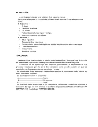 METODOLOGÍA:
La estrategia para trabajar en el aula será de la siguiente manera:
La docente del segundo ciclo trabajará actividades para la estimulación de la lectoescritura
como:
A .Iniciación: 1
• El dibujo
• Caminatas de lectura
• Los cuentos
• Trabajando con siluetas, signos y códigos.
• Jugando con palabras y oraciones.
B. Iniciación :2
• Dibujo Figurativo
• Representando el movimiento
• Entretenimiento, juegos de imitación, de sonidos onomatopéyicos, ejercicios gráficos.
• Trabajando con música
• Aprestamiento.
• Niveles de escritura.
EVALUACIÓN:
La evaluación de los aprendizajes su objetivo central es identificar y describir el nivel de logro de
los aprendizajes, capacidades, valores y actitudes debidamente articuladas e integradas.
La evaluación de los aprendizajes está orientada principalmente al mejoramiento de sus
procesos y resultados, por ello se le debe considerar como un acto educativo en que los
estudiantes y profesoras aprendan de sus aciertos y errores.
La comunicación de los resultados a los estudiantes y padres de familia se les dará a conocer en
forma permanente y oportuna.
La escala de calificación es la siguiente:
A ...................................................... Logro
B ...................................................... En progreso
C....................................................... Inicio
La evaluación de los aprendizajes es por competencia, capacidades y criterios de evaluación e
indicadores del logro por nivel, teniendo en cuenta las disposiciones señaladas en la Directiva Nº
004-VMGP-2005-Aprobada por R.M.Nº0234-2005-ED.
 