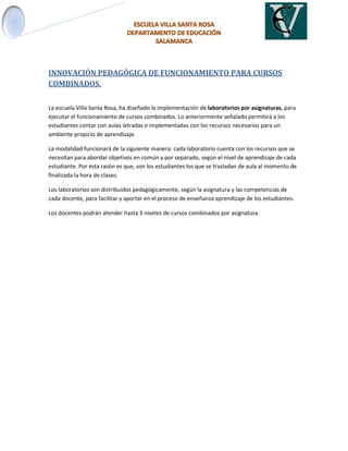 INNOVACIÓN PEDAGÓGICA DE FUNCIONAMIENTO PARA CURSOS
COMBINADOS.
La escuela Villa Santa Rosa, ha diseñado la implementación de laboratorios por asignaturas, para
ejecutar el funcionamiento de cursos combinados. Lo anteriormente señalado permitirá a los
estudiantes contar con aulas letradas e implementadas con los recursos necesarios para un
ambiente propicio de aprendizaje.
La modalidad funcionará de la siguiente manera: cada laboratorio cuenta con los recursos que se
necesitan para abordar objetivos en común y por separado, según el nivel de aprendizaje de cada
estudiante. Por ésta razón es que, son los estudiantes los que se trasladan de aula al momento de
finalizada la hora de clases.
Los laboratorios son distribuidos pedagógicamente, según la asignatura y las competencias de
cada docente, para facilitar y aportar en el proceso de enseñanza aprendizaje de los estudiantes.
Los docentes podrán atender hasta 3 niveles de cursos combinados por asignatura.
 