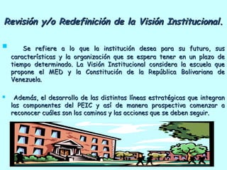 Revisión y/o Redefinición de la Visión Institucional.Revisión y/o Redefinición de la Visión Institucional.
 Se refiere a lo que la institución desea para su futuro, susSe refiere a lo que la institución desea para su futuro, sus
características y la organización que se espera tener en un plazo decaracterísticas y la organización que se espera tener en un plazo de
tiempo determinado. La Visión Institucional considera la escuela quetiempo determinado. La Visión Institucional considera la escuela que
propone el MED y la Constitución de la República Bolivariana depropone el MED y la Constitución de la República Bolivariana de
Venezuela.Venezuela.
 Además, el desarrollo de las distintas líneas estratégicas que integranAdemás, el desarrollo de las distintas líneas estratégicas que integran
las componentes del PEIC y así de manera prospectiva comenzar alas componentes del PEIC y así de manera prospectiva comenzar a
reconocer cuáles son los caminos y las acciones que se deben seguir.reconocer cuáles son los caminos y las acciones que se deben seguir.
 