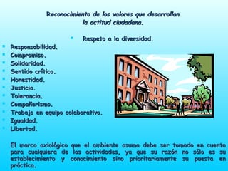 RReconocimiento de los valores que desarrollaneconocimiento de los valores que desarrollan
la actitud ciudadana.la actitud ciudadana.
 Respeto a la diversidad.Respeto a la diversidad.
 Responsabilidad.Responsabilidad.
 Compromiso.Compromiso.
 Solidaridad.Solidaridad.
 Sentido crítico.Sentido crítico.
 Honestidad.Honestidad.
 Justicia.Justicia.
 Tolerancia.Tolerancia.
 Compañerismo.Compañerismo.
 Trabajo en equipo colaborativo.Trabajo en equipo colaborativo.
 Igualdad.Igualdad.
 Libertad.Libertad.
El marco axiológico que el ambiente asuma debe ser tomado en cuentaEl marco axiológico que el ambiente asuma debe ser tomado en cuenta
para cualquiera de las actividades, ya que su razón no sólo es supara cualquiera de las actividades, ya que su razón no sólo es su
establecimiento y conocimiento sino prioritariamente su puesta enestablecimiento y conocimiento sino prioritariamente su puesta en
práctica.práctica.
 