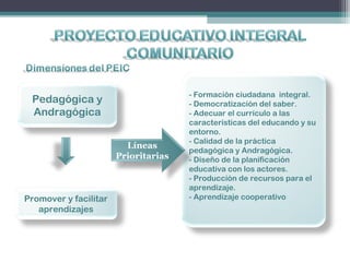 Pedagógica y
Andragógica
Promover y facilitar
aprendizajes
- Formación ciudadana integral.
- Democratización del saber.
- Adecuar el currículo a las
características del educando y su
entorno.
- Calidad de la práctica
pedagógica y Andragógica.
- Diseño de la planificación
educativa con los actores.
- Producción de recursos para el
aprendizaje.
- Aprendizaje cooperativo
Líneas
Prioritarias
 