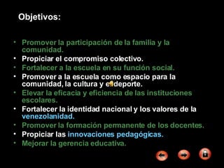 Objetivos: Promover la participación de la familia y la comunidad. Propiciar el compromiso colectivo. Fortalecer a la escuela en su función social. Promover a la escuela como espacio para la comunidad, la cultura y el deporte. Elevar la eficacia y eficiencia de las instituciones escolares. Fortalecer la identidad nacional y los valores de la  venezolanidad. Promover la formación permanente de los docentes. Propiciar las  innovaciones pedagógicas. Mejorar la gerencia educativa. 