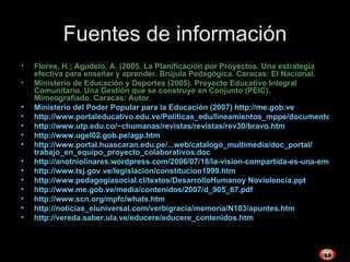 Fuentes de información Flores, H.; Agudelo, A. (2005. La Planificación por Proyectos. Una estrategia efectiva para enseñar y aprender. Brújula Pedagógica. Caracas: El Nacional. Ministerio de Educación y Deportes (2005). Proyecto Educativo Integral Comunitario. Una Gestión que se construye en Conjunto (PEIC). Mimeografiado. Caracas: Autor. Ministerio del Poder Popular para la Educación (2007)   http:// me.gob.ve http://www.portaleducativo.edu.ve/Politicas_edu/lineamientos_mppe/documentos/escuelas-bolivarianas.pdf http://www.utp.edu.co/~chumanas/revistas/revistas/rev30/bravo.htm http://www.ugel02.gob.pe/agp.htm http://www.portal.huascaran.edu.pe/... web / catalogo_multimedia / doc_portal / trabajo_en_equipo_proyecto_colaborativos.doc http://anotniolinares.wordpress.com/2006/07/18/la-vision-compartida-es-una-emocion/ http://www.tsj.gov.ve/legislacion/constitucion1999.htm http://www.pedagogiasocial.cl/textos/DesarrolloHumanoy Noviolencia.ppt http://www.me.gob.ve/media/contenidos/2007/d_905_67.pdf http://www.scn.org/mpfc/whats.htm http://noticias_eluniversal.com/verbigracia/memoria/N103/apuntes.htm http://vereda.saber.ula.ve/educere/educere_contenidos.htm 