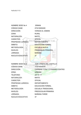 RedIseño P.E.I




NOMBRE SEDE No 4      SÁMAN
CÓDIGO DANE           273319000409
DIRECCIÓN:            VEREDA EL SÁMAN
ZONA:                 RURAL
NATURALEZA:           MIXTO
CARÁCTER:             OFICIAL
PROPIEDAD JURIDICA:   DEPARTAMENTO
ÁMBITO:               EDUCACIÓN FORMAL
METODOLOGÍA:          ESCUELA NUEVA
NIVELES:              PRESCOLAR-PRIMARIA
JORNADA:              MAÑANA
NUCLEO EDUCATIVO      37




NOMBRE SEDE No 5      SOR JOSEFA DEL CASTILLO
CÓDIGO DANE           173319000579
DIRECCIÓN:            CARRERA 10 No 7-70 BARRIO CENTRO
ZONA:                 URBANA
TELÉFONO:             227 01 77
NATURALEZA:           MIXTO
CARÁCTER:             OFICIAL
PROPIEDAD JURIDICA:   DEPARTAMENTO
ÁMBITO:               EDUCACIÓN FORMAL
METODOLOGÍA:          ESCUELA TRADICIONAL
NIVELES:              PREESCOLAR-PRIMARIA
JORNADA:              MAÑANA-TARDE
NUCLEO EDUCATIVO      37
 